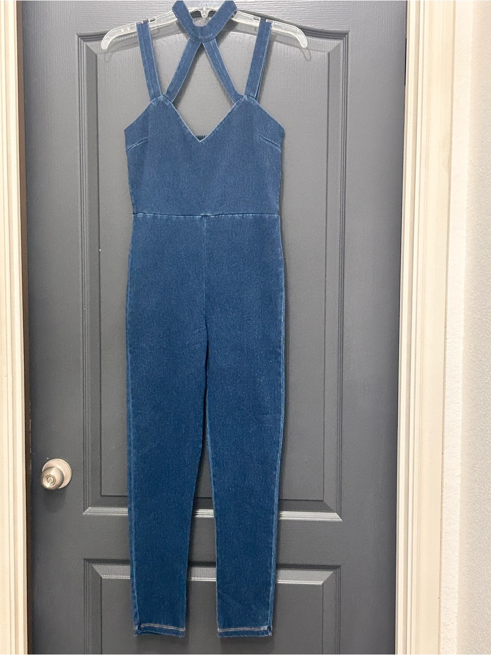 Blue Women's Denim Jeans Jumper with Strappy Back